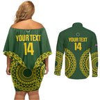 Custom Avaiki Cook Islands Rugby Couples Matching Off Shoulder Short Dress and Long Sleeve Button Shirt Kuki Airani Tatau Green - Aussie Hoodie