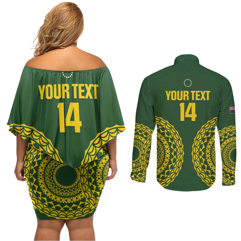 Custom Avaiki Cook Islands Rugby Couples Matching Off Shoulder Short Dress and Long Sleeve Button Shirt Kuki Airani Tatau Green - Aussie Hoodie