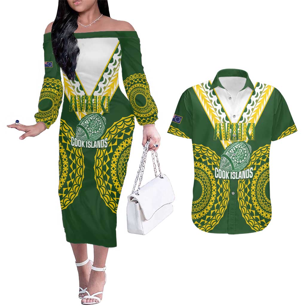 Custom Avaiki Cook Islands Rugby Couples Matching Off The Shoulder Long Sleeve Dress and Hawaiian Shirt Kuki Airani Tatau Green - Aussie Hoodie