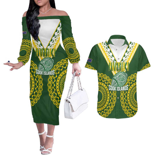 Custom Avaiki Cook Islands Rugby Couples Matching Off The Shoulder Long Sleeve Dress and Hawaiian Shirt Kuki Airani Tatau Green - Aussie Hoodie