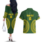 Custom Avaiki Cook Islands Rugby Couples Matching Off The Shoulder Long Sleeve Dress and Hawaiian Shirt Kuki Airani Tatau Green - Aussie Hoodie