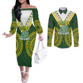 Custom Avaiki Cook Islands Rugby Couples Matching Off The Shoulder Long Sleeve Dress and Long Sleeve Button Shirt Kuki Airani Tatau Green - Aussie Hoodie