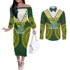Custom Avaiki Cook Islands Rugby Couples Matching Off The Shoulder Long Sleeve Dress and Long Sleeve Button Shirt Kuki Airani Tatau Green - Aussie Hoodie