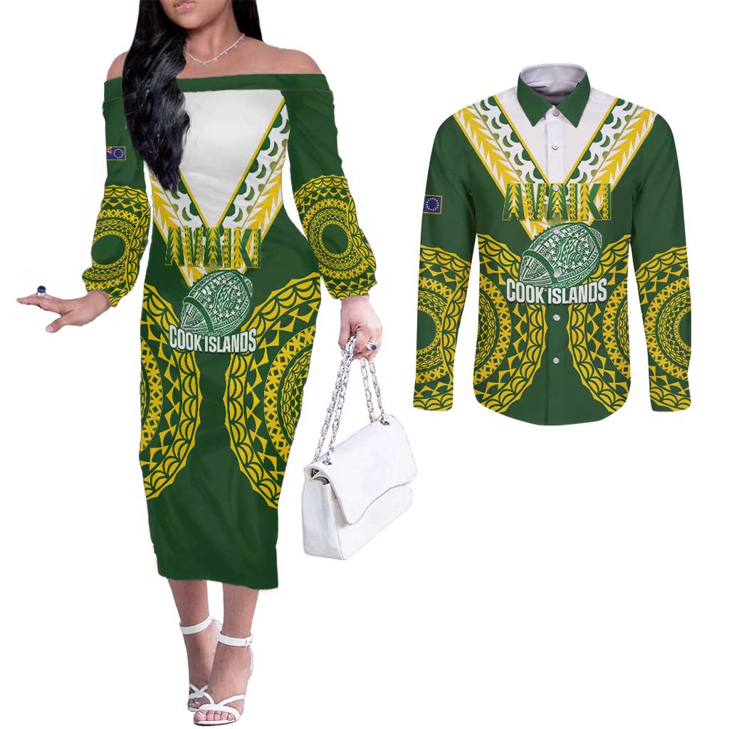 Custom Avaiki Cook Islands Rugby Couples Matching Off The Shoulder Long Sleeve Dress and Long Sleeve Button Shirt Kuki Airani Tatau Green - Aussie Hoodie