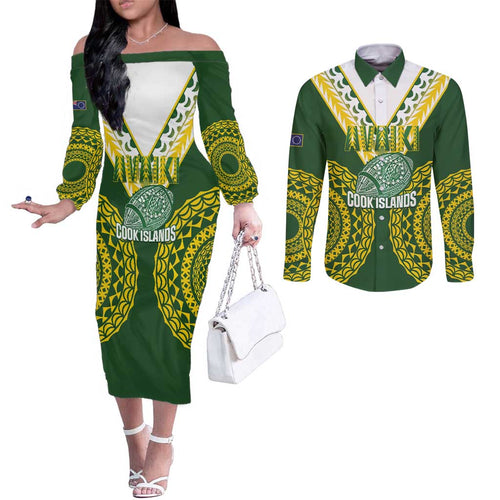 Custom Avaiki Cook Islands Rugby Couples Matching Off The Shoulder Long Sleeve Dress and Long Sleeve Button Shirt Kuki Airani Tatau Green - Aussie Hoodie