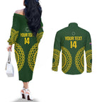 Custom Avaiki Cook Islands Rugby Couples Matching Off The Shoulder Long Sleeve Dress and Long Sleeve Button Shirt Kuki Airani Tatau Green - Aussie Hoodie