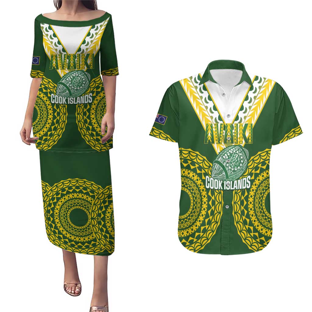 Custom Avaiki Cook Islands Rugby Couples Matching Puletasi and Hawaiian Shirt Kuki Airani Tatau Green - Aussie Hoodie