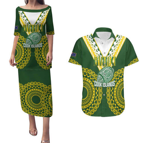 Custom Avaiki Cook Islands Rugby Couples Matching Puletasi and Hawaiian Shirt Kuki Airani Tatau Green - Aussie Hoodie
