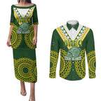 Custom Avaiki Cook Islands Rugby Couples Matching Puletasi and Long Sleeve Button Shirt Kuki Airani Tatau Green - Aussie Hoodie