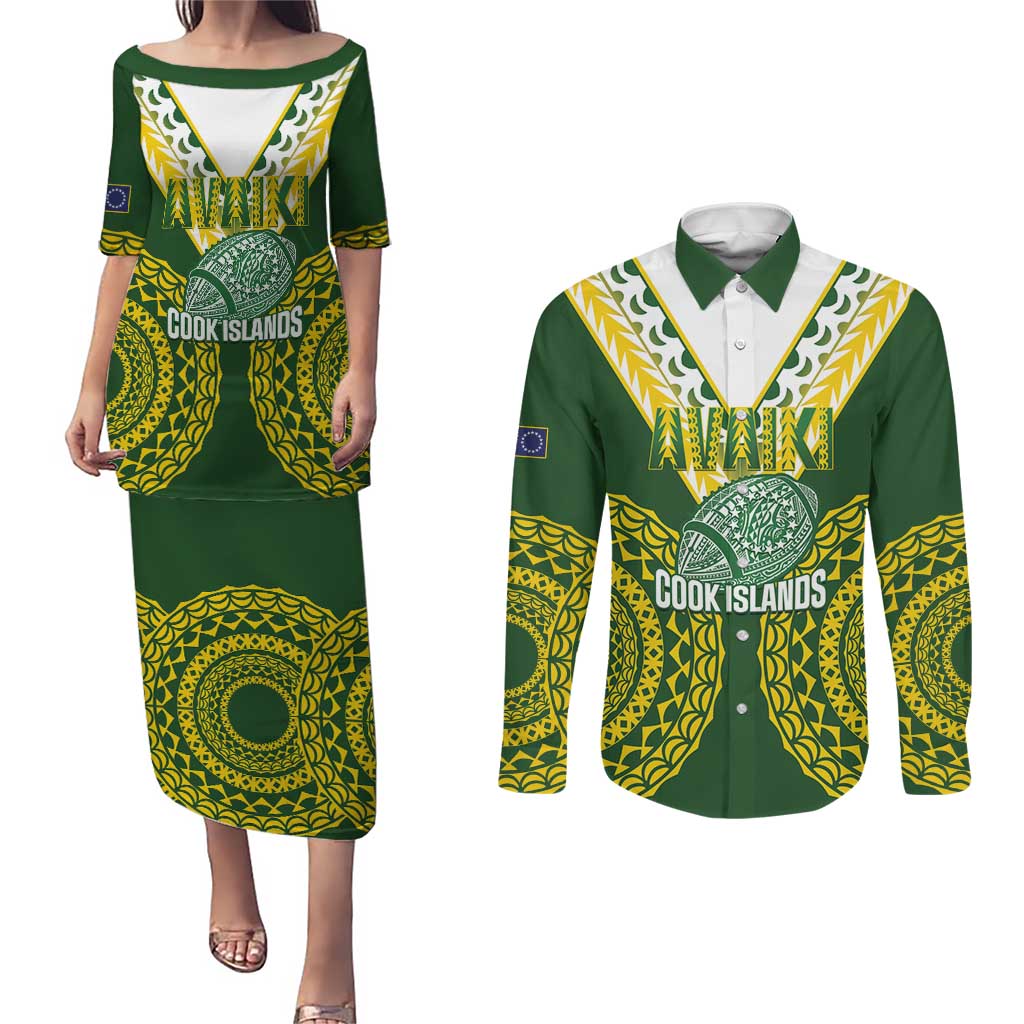 Custom Avaiki Cook Islands Rugby Couples Matching Puletasi and Long Sleeve Button Shirt Kuki Airani Tatau Green - Aussie Hoodie