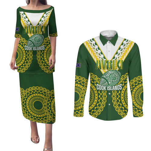 Custom Avaiki Cook Islands Rugby Couples Matching Puletasi and Long Sleeve Button Shirt Kuki Airani Tatau Green - Aussie Hoodie
