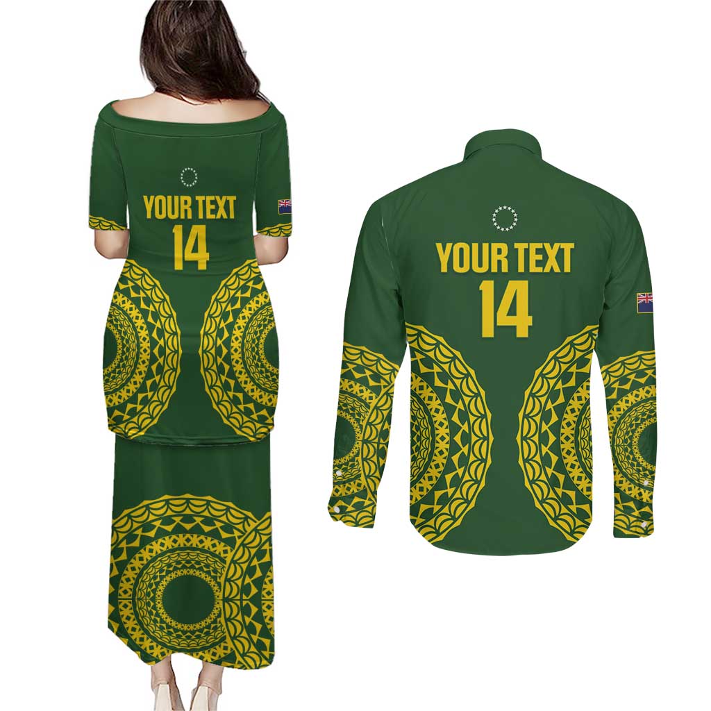 Custom Avaiki Cook Islands Rugby Couples Matching Puletasi and Long Sleeve Button Shirt Kuki Airani Tatau Green - Aussie Hoodie