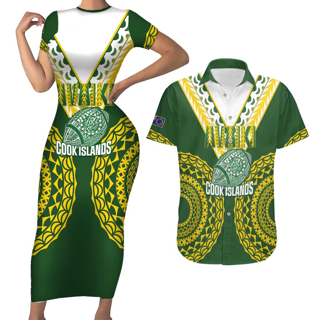 Custom Avaiki Cook Islands Rugby Couples Matching Short Sleeve Bodycon Dress and Hawaiian Shirt Kuki Airani Tatau Green - Aussie Hoodie