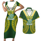 Custom Avaiki Cook Islands Rugby Couples Matching Short Sleeve Bodycon Dress and Hawaiian Shirt Kuki Airani Tatau Green - Aussie Hoodie