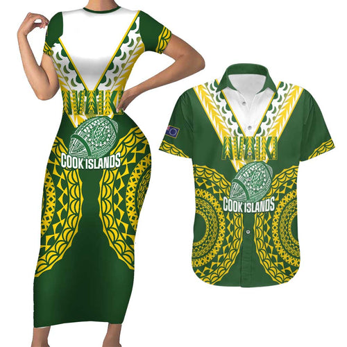 Custom Avaiki Cook Islands Rugby Couples Matching Short Sleeve Bodycon Dress and Hawaiian Shirt Kuki Airani Tatau Green - Aussie Hoodie