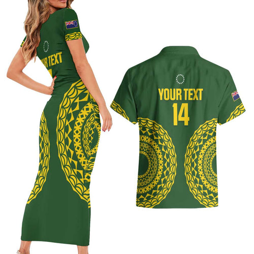 Custom Avaiki Cook Islands Rugby Couples Matching Short Sleeve Bodycon Dress and Hawaiian Shirt Kuki Airani Tatau Green - Aussie Hoodie