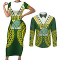 Custom Avaiki Cook Islands Rugby Couples Matching Short Sleeve Bodycon Dress and Long Sleeve Button Shirt Kuki Airani Tatau Green - Aussie Hoodie