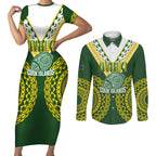 Custom Avaiki Cook Islands Rugby Couples Matching Short Sleeve Bodycon Dress and Long Sleeve Button Shirt Kuki Airani Tatau Green - Aussie Hoodie