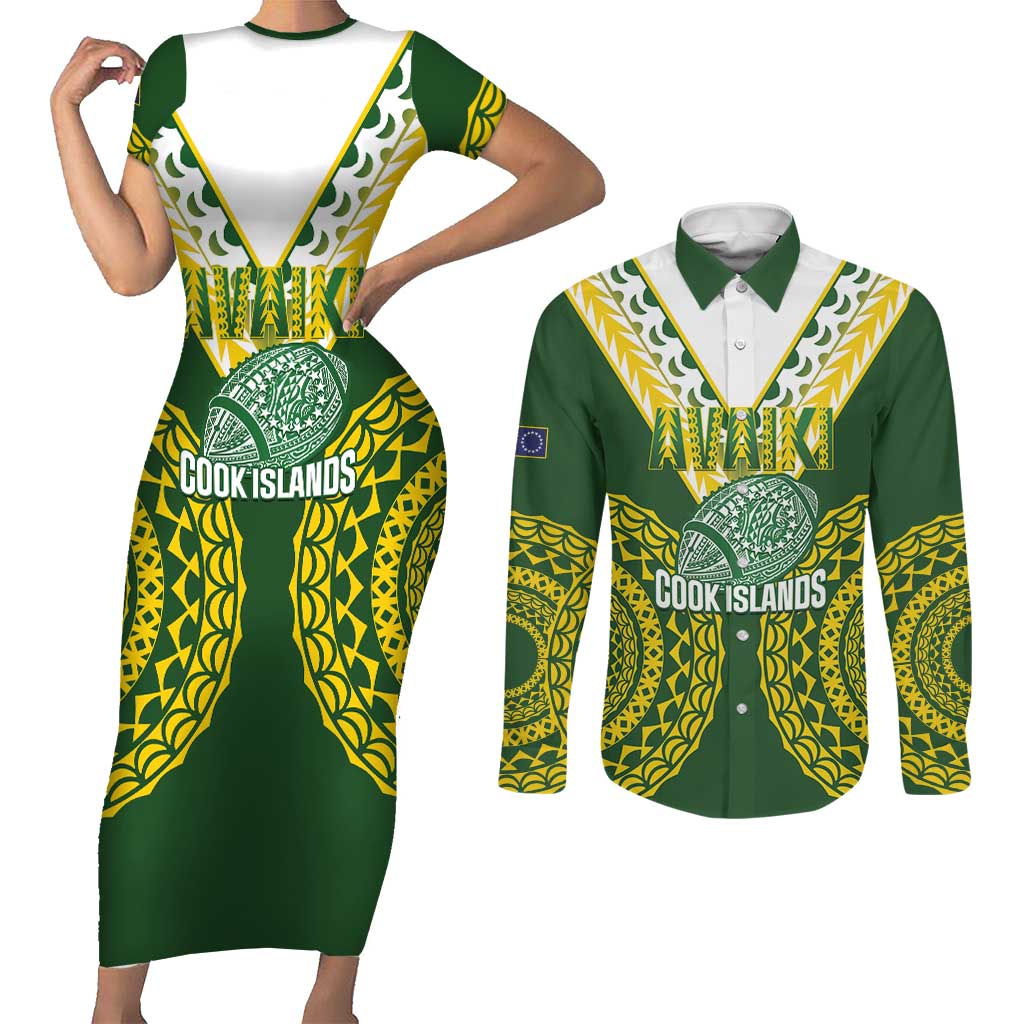 Custom Avaiki Cook Islands Rugby Couples Matching Short Sleeve Bodycon Dress and Long Sleeve Button Shirt Kuki Airani Tatau Green - Aussie Hoodie