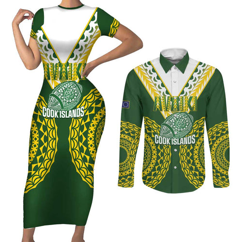 Custom Avaiki Cook Islands Rugby Couples Matching Short Sleeve Bodycon Dress and Long Sleeve Button Shirt Kuki Airani Tatau Green - Aussie Hoodie