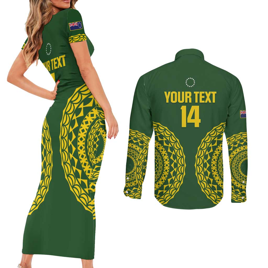Custom Avaiki Cook Islands Rugby Couples Matching Short Sleeve Bodycon Dress and Long Sleeve Button Shirt Kuki Airani Tatau Green - Aussie Hoodie