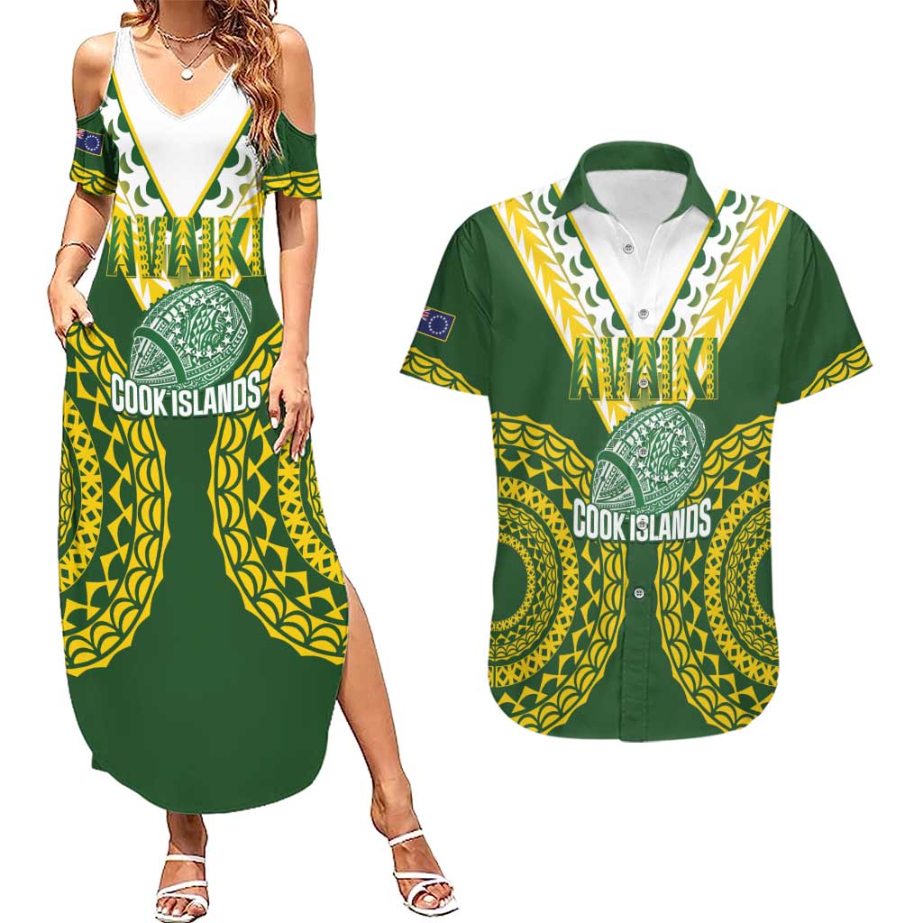 Custom Avaiki Cook Islands Rugby Couples Matching Summer Maxi Dress and Hawaiian Shirt Kuki Airani Tatau Green - Aussie Hoodie