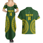 Custom Avaiki Cook Islands Rugby Couples Matching Summer Maxi Dress and Hawaiian Shirt Kuki Airani Tatau Green - Aussie Hoodie