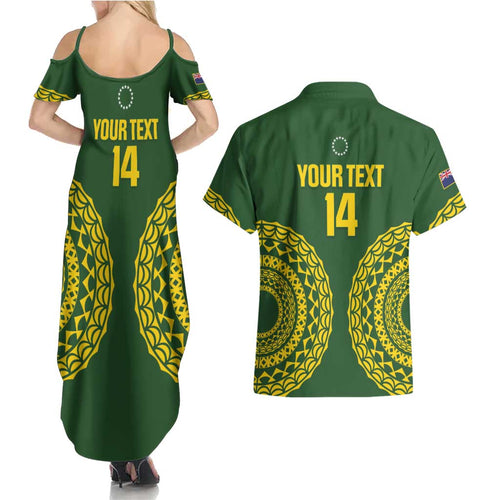 Custom Avaiki Cook Islands Rugby Couples Matching Summer Maxi Dress and Hawaiian Shirt Kuki Airani Tatau Green - Aussie Hoodie
