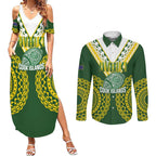 Custom Avaiki Cook Islands Rugby Couples Matching Summer Maxi Dress and Long Sleeve Button Shirt Kuki Airani Tatau Green - Aussie Hoodie