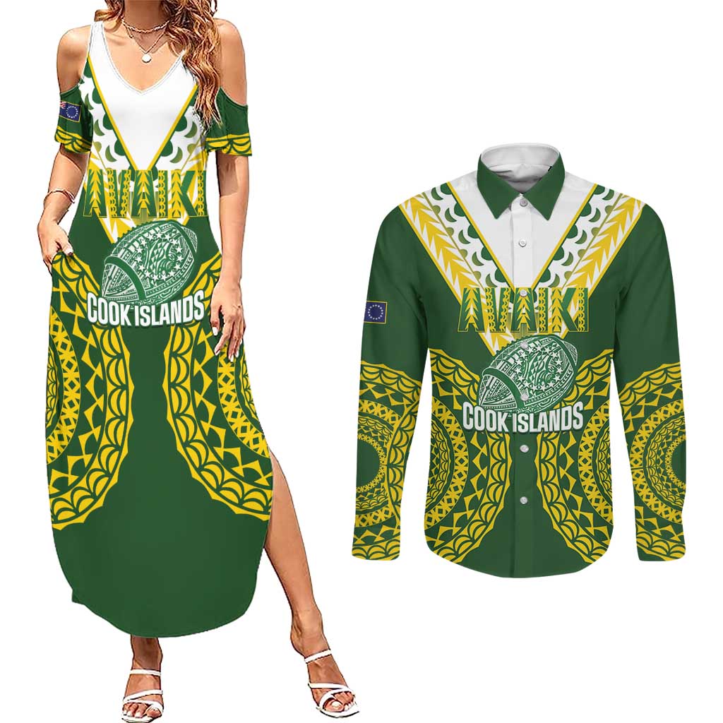 Custom Avaiki Cook Islands Rugby Couples Matching Summer Maxi Dress and Long Sleeve Button Shirt Kuki Airani Tatau Green - Aussie Hoodie