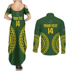Custom Avaiki Cook Islands Rugby Couples Matching Summer Maxi Dress and Long Sleeve Button Shirt Kuki Airani Tatau Green - Aussie Hoodie