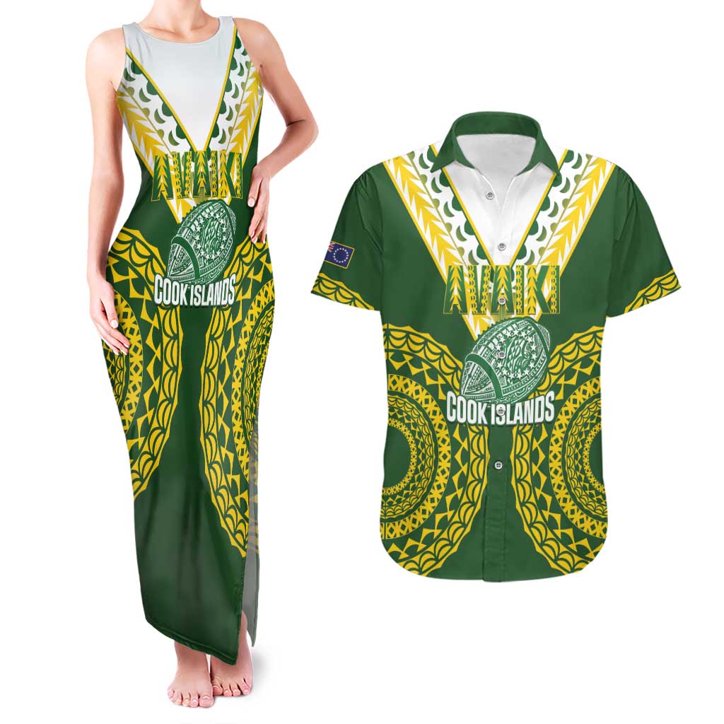 Custom Avaiki Cook Islands Rugby Couples Matching Tank Maxi Dress and Hawaiian Shirt Kuki Airani Tatau Green - Aussie Hoodie