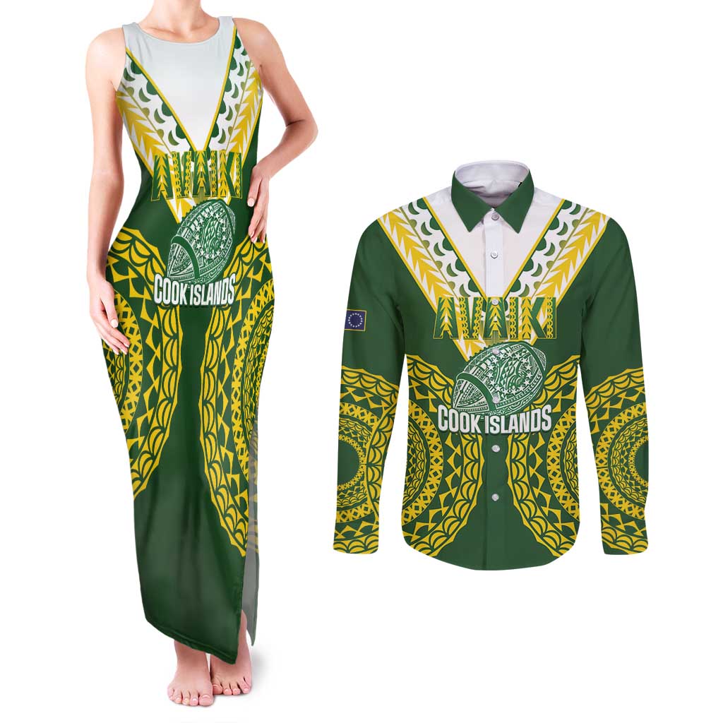 Custom Avaiki Cook Islands Rugby Couples Matching Tank Maxi Dress and Long Sleeve Button Shirt Kuki Airani Tatau Green - Aussie Hoodie