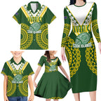 Custom Avaiki Cook Islands Rugby Family Matching Long Sleeve Bodycon Dress and Hawaiian Shirt Kuki Airani Tatau Green - Aussie Hoodie