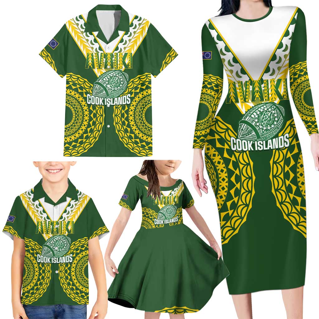 Custom Avaiki Cook Islands Rugby Family Matching Long Sleeve Bodycon Dress and Hawaiian Shirt Kuki Airani Tatau Green - Aussie Hoodie