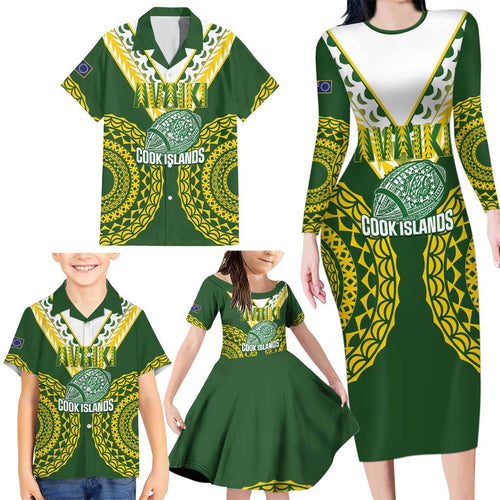 Custom Avaiki Cook Islands Rugby Family Matching Long Sleeve Bodycon Dress and Hawaiian Shirt Kuki Airani Tatau Green - Aussie Hoodie