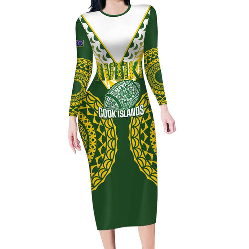 Custom Avaiki Cook Islands Rugby Family Matching Long Sleeve Bodycon Dress and Hawaiian Shirt Kuki Airani Tatau Green - Aussie Hoodie