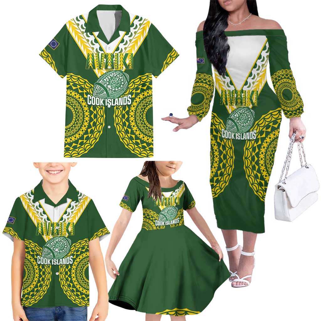 Custom Avaiki Cook Islands Rugby Family Matching Off The Shoulder Long Sleeve Dress and Hawaiian Shirt Kuki Airani Tatau Green - Aussie Hoodie