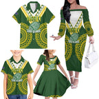 Custom Avaiki Cook Islands Rugby Family Matching Off The Shoulder Long Sleeve Dress and Hawaiian Shirt Kuki Airani Tatau Green - Aussie Hoodie
