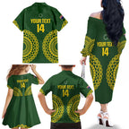 Custom Avaiki Cook Islands Rugby Family Matching Off The Shoulder Long Sleeve Dress and Hawaiian Shirt Kuki Airani Tatau Green - Aussie Hoodie