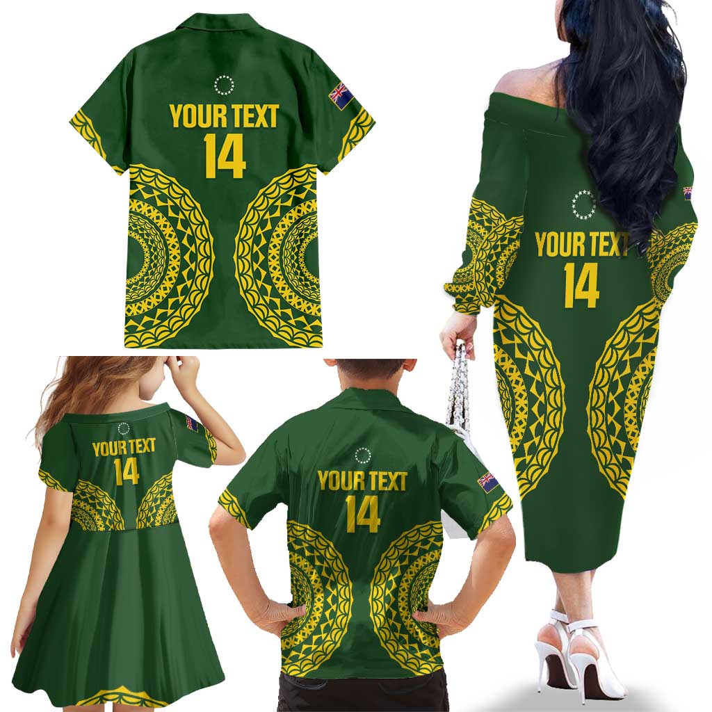 Custom Avaiki Cook Islands Rugby Family Matching Off The Shoulder Long Sleeve Dress and Hawaiian Shirt Kuki Airani Tatau Green - Aussie Hoodie