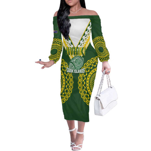 Custom Avaiki Cook Islands Rugby Family Matching Off The Shoulder Long Sleeve Dress and Hawaiian Shirt Kuki Airani Tatau Green - Aussie Hoodie