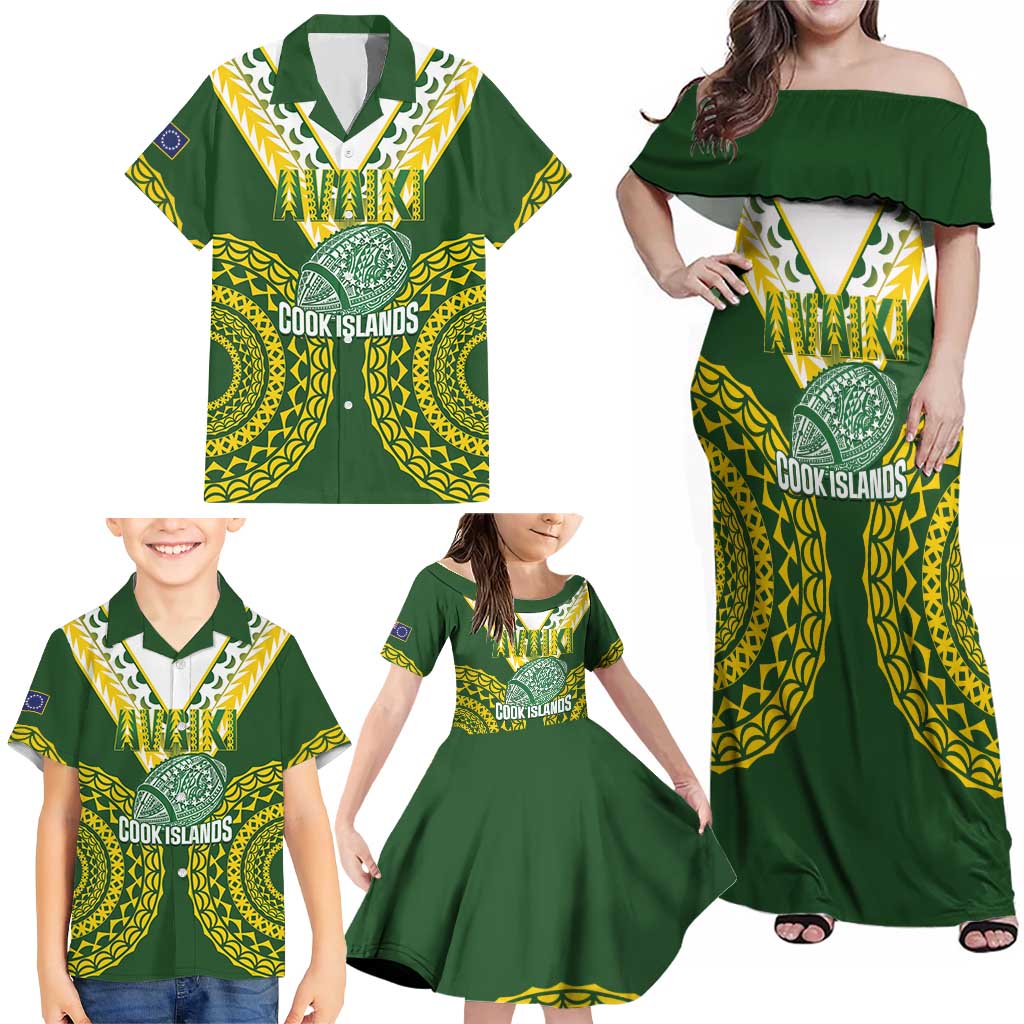 Custom Avaiki Cook Islands Rugby Family Matching Off Shoulder Maxi Dress and Hawaiian Shirt Kuki Airani Tatau Green - Aussie Hoodie