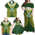 Custom Avaiki Cook Islands Rugby Family Matching Off Shoulder Maxi Dress and Hawaiian Shirt Kuki Airani Tatau Green - Aussie Hoodie