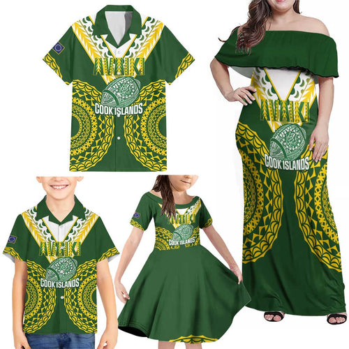Custom Avaiki Cook Islands Rugby Family Matching Off Shoulder Maxi Dress and Hawaiian Shirt Kuki Airani Tatau Green - Aussie Hoodie