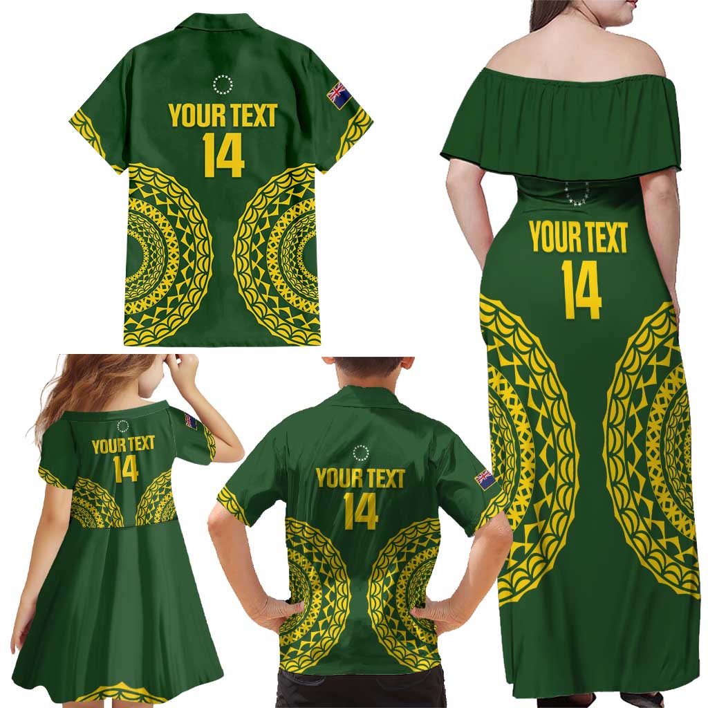 Custom Avaiki Cook Islands Rugby Family Matching Off Shoulder Maxi Dress and Hawaiian Shirt Kuki Airani Tatau Green - Aussie Hoodie