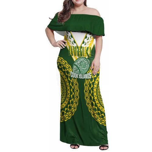 Custom Avaiki Cook Islands Rugby Family Matching Off Shoulder Maxi Dress and Hawaiian Shirt Kuki Airani Tatau Green - Aussie Hoodie
