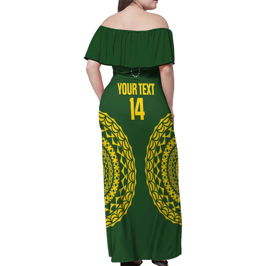 Custom Avaiki Cook Islands Rugby Family Matching Off Shoulder Maxi Dress and Hawaiian Shirt Kuki Airani Tatau Green - Aussie Hoodie