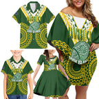 Custom Avaiki Cook Islands Rugby Family Matching Off Shoulder Short Dress and Hawaiian Shirt Kuki Airani Tatau Green - Aussie Hoodie