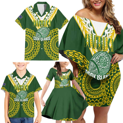 Custom Avaiki Cook Islands Rugby Family Matching Off Shoulder Short Dress and Hawaiian Shirt Kuki Airani Tatau Green - Aussie Hoodie